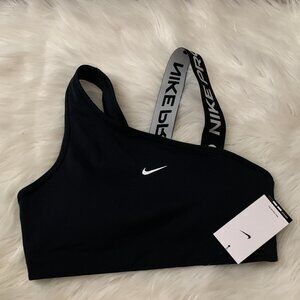 NIKE PRO Swoosh Asymmetrical Medium Support Sports Bra in Black/White Sz MEDIUM
